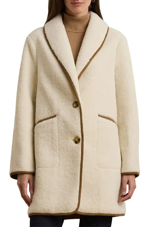 Lauren Ralph Lauren Shawl Collar Faux Shearling Coat in Cream at Nordstrom, Size Xx-Large | Nordstrom