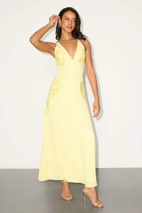Julissa Light Yellow Embroidered Tie-Back Maxi Dress | Lulus