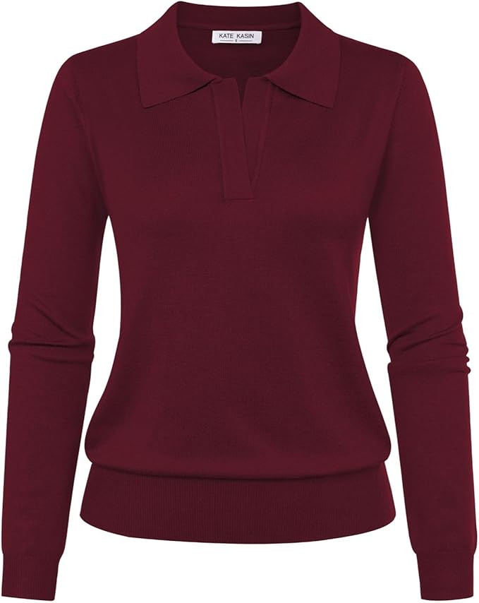 Kate Kasin Women Long Sleeve Polo Sweater V Neck Knitted Tops Casual Ribbed Shirt Loose Pullover ... | Amazon (US)