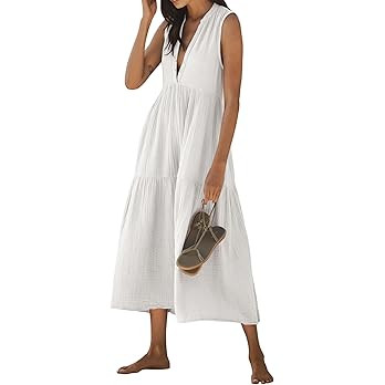R.Vivimos 2026 Summer Cotton Maxi Dresses for Women Casual Sleeveless Button V Neck Tiered Loose ... | Amazon (US)