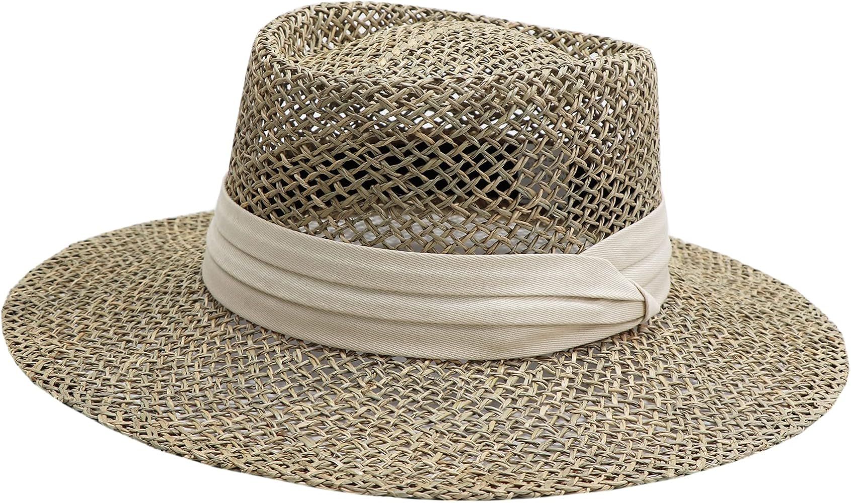 jiaoji Women's Straw hat Panama hat Tweed hat Beach Sun hat Wide Brim | Amazon (US)