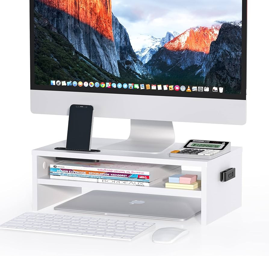 BONTEC 2-Tier White Wood Monitor Stand with Storage, Desktop Ergonomic Riser with Cellphone Holde... | Amazon (US)