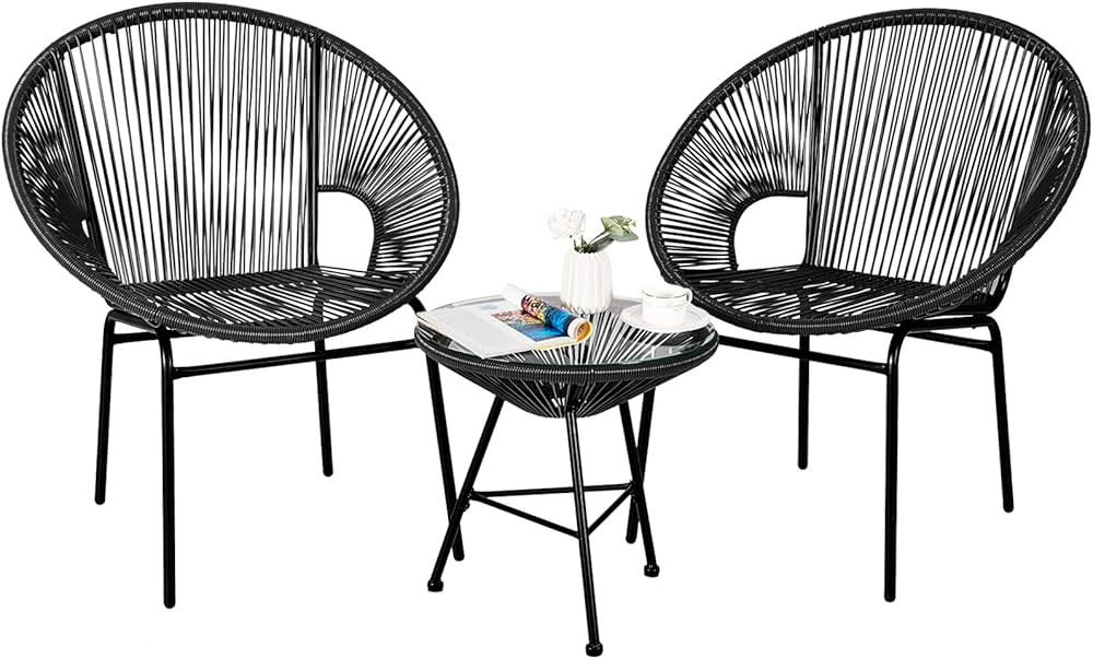 Tangkula 3 Piece Outdoor Patio Furniture Set, Acapulco Chair Set w/Plastic Rope, Tempered Glass T... | Amazon (US)