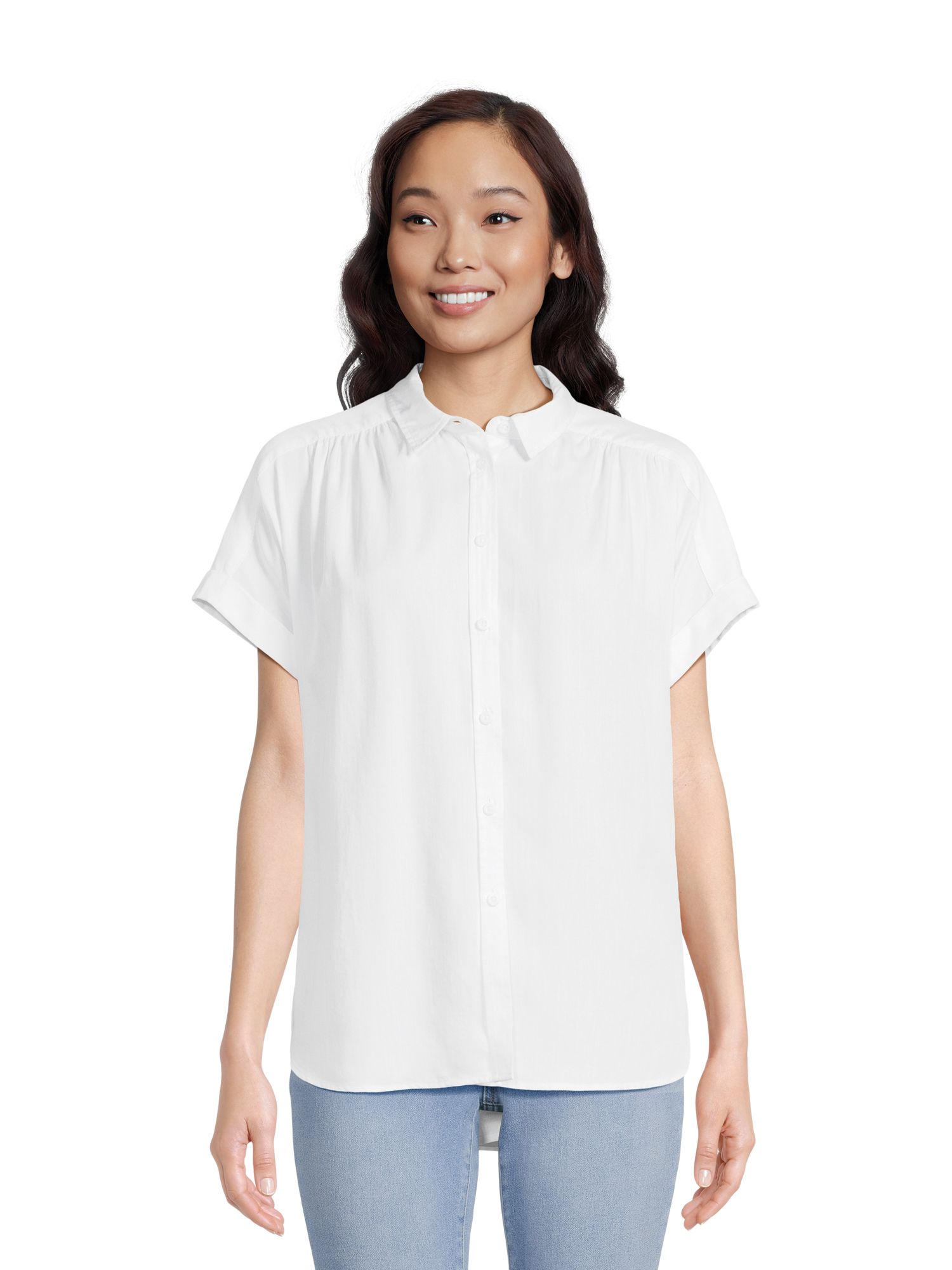 Time and Tru Women's Button Down Camp Shirt with Roll Cuff Sleeves, Sizes XS-XXXL | Walmart (US)