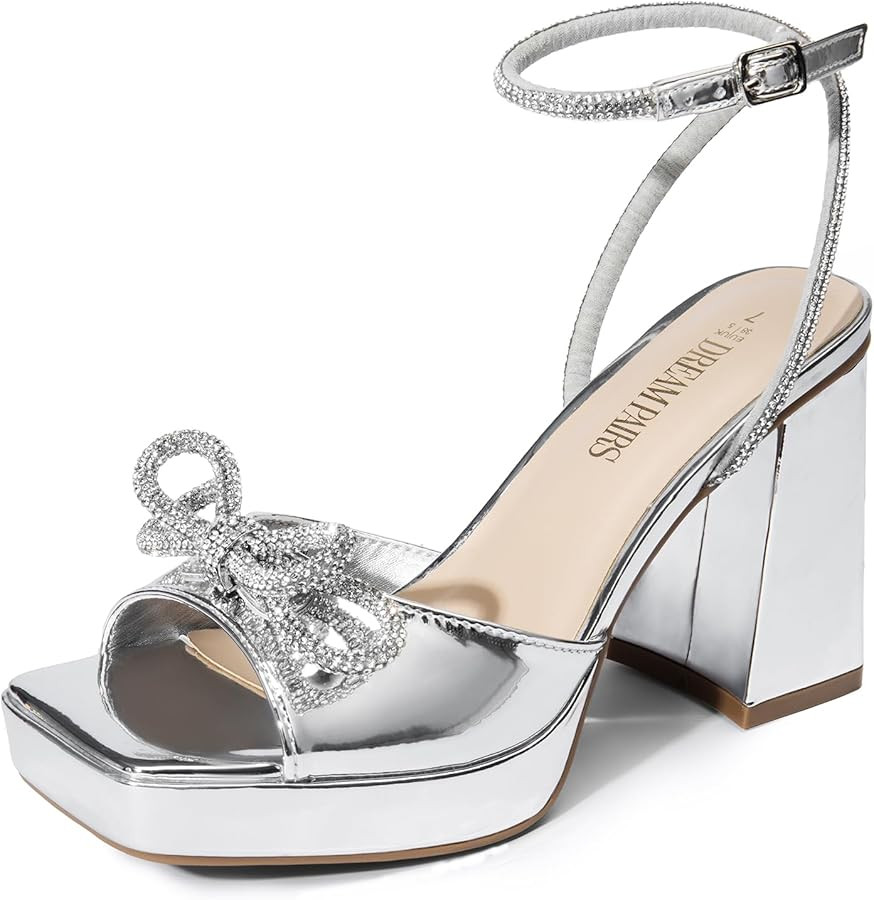 DREAM PAIRS Women's Double Bowknots Platform Chunky Heels Rhinestone High Square Toe Dress Sandal... | Amazon (US)