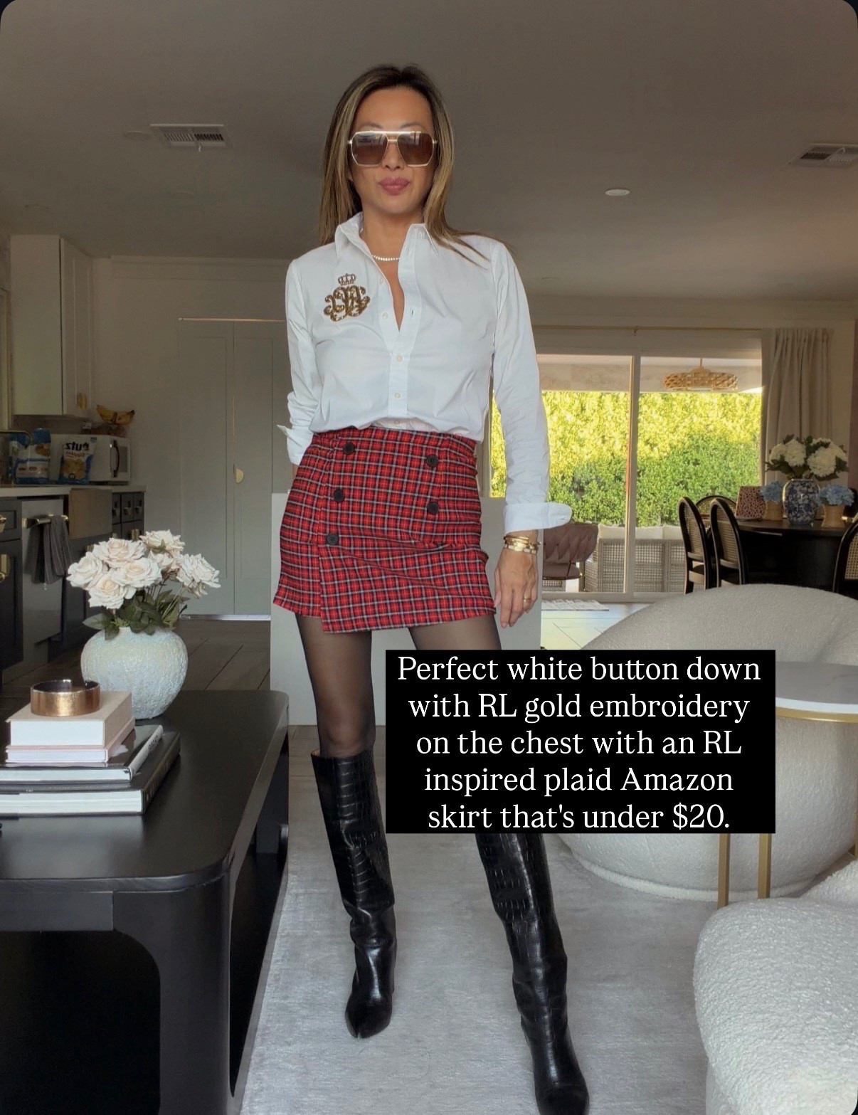 Ralph Lauren plaid inspo $20 Amazon skirt and RL gold embroidery button down shirt. Size small on both. Nylons necklace sunglasses Amazon. 


#LTKHoliday #LTKOver40