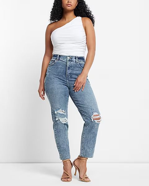 Super High Waisted Ripped Raw Hem Mom Jeans | Express