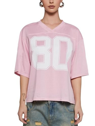 Oversized Jersey Shirts for Women Y2k Number Graphic Print V Neck Short Sleeve Aesthetic Summer T-Shirt Streetwear (80 Pink, M) | Amazon (US)