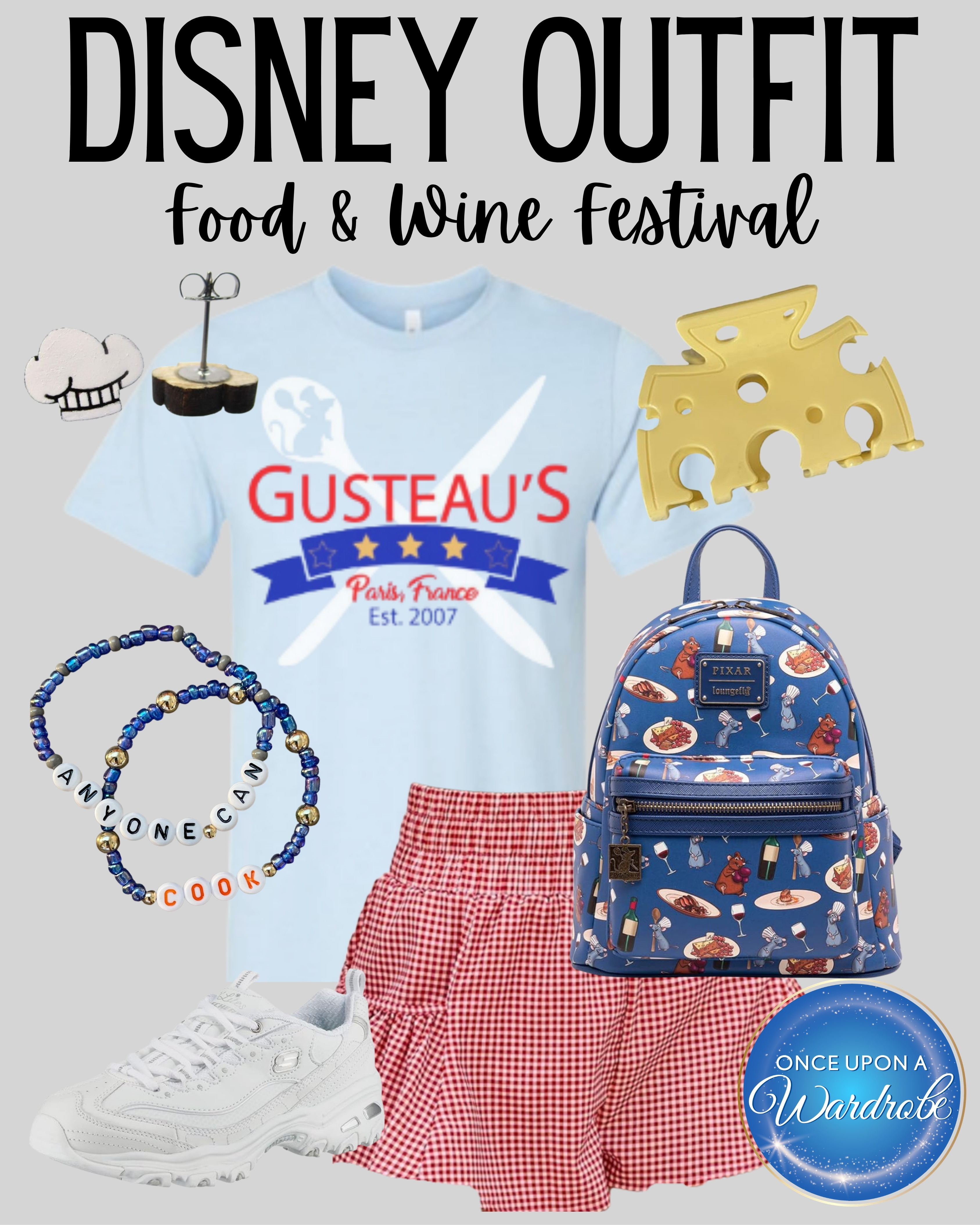 A Ratatouille-inspired Disney outfit for the Epcot Food & Wine Festival! This Disney outfit for women pairs a Gusteau’s graphic tee with red gingham shorts, white sneakers and playful Remy accessories. The Pixar Loungefly backpack and cheese hair clip add extra character details without making the outfit difficult to wear around the park. 

 #LTKootd #LTKmomlife #LTKTravel