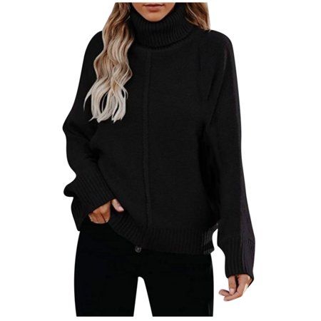 REORIAFEE Womens Cable Knit Turtleneck Sweater Oversized Long Sleeve Ribbed Pullover Loose Pullover Tops Button Long Sleeve Knit Pullover Sweater Turtleneck Sweater Black L | Walmart (US)