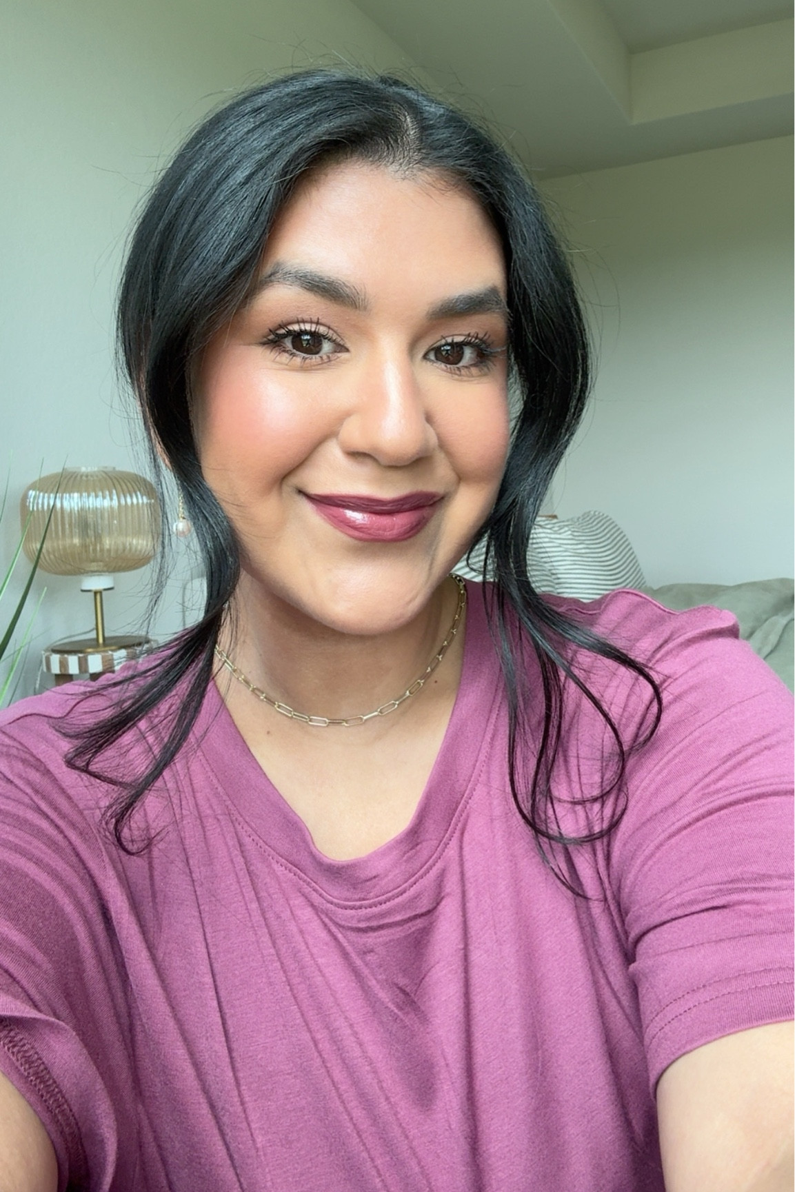 Today’s makeup! Maybelline Lumi Matte foundation, shade 250 // NYX concealer shade Medium Golden // Milani cream bronzer, shade Spicy Season // Merit cream Blush, shade Apres // Rare Beauty blush shade Hope // L’Oréal telescopic, carbon black mascara // Fenty gloss bomb stick, shade Riri 