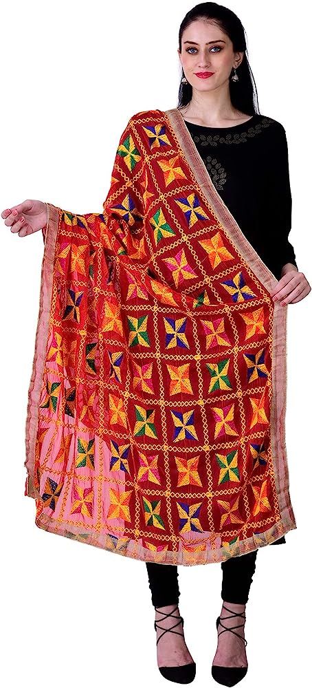 SWI WITH LABEL Women's Phulkari Dupattas For Hand Embroidered In Amritsar Punjabi Pankha Design | Amazon (US)