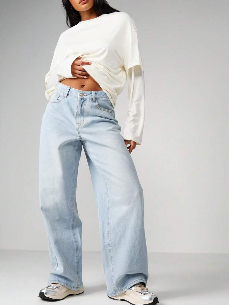MISSGUIDED Mid Rise Baggy Wide Leg Relaxed Fit Vintage Washed Casual Everyday Comfortable Light W... | SHEIN