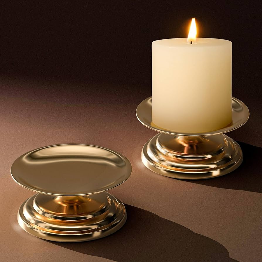 2Pcs Gold Candle Holders for Pillar Candles, Jar Candles & LED Pillars, 4.75" Metal Candle Plate ... | Amazon (US)