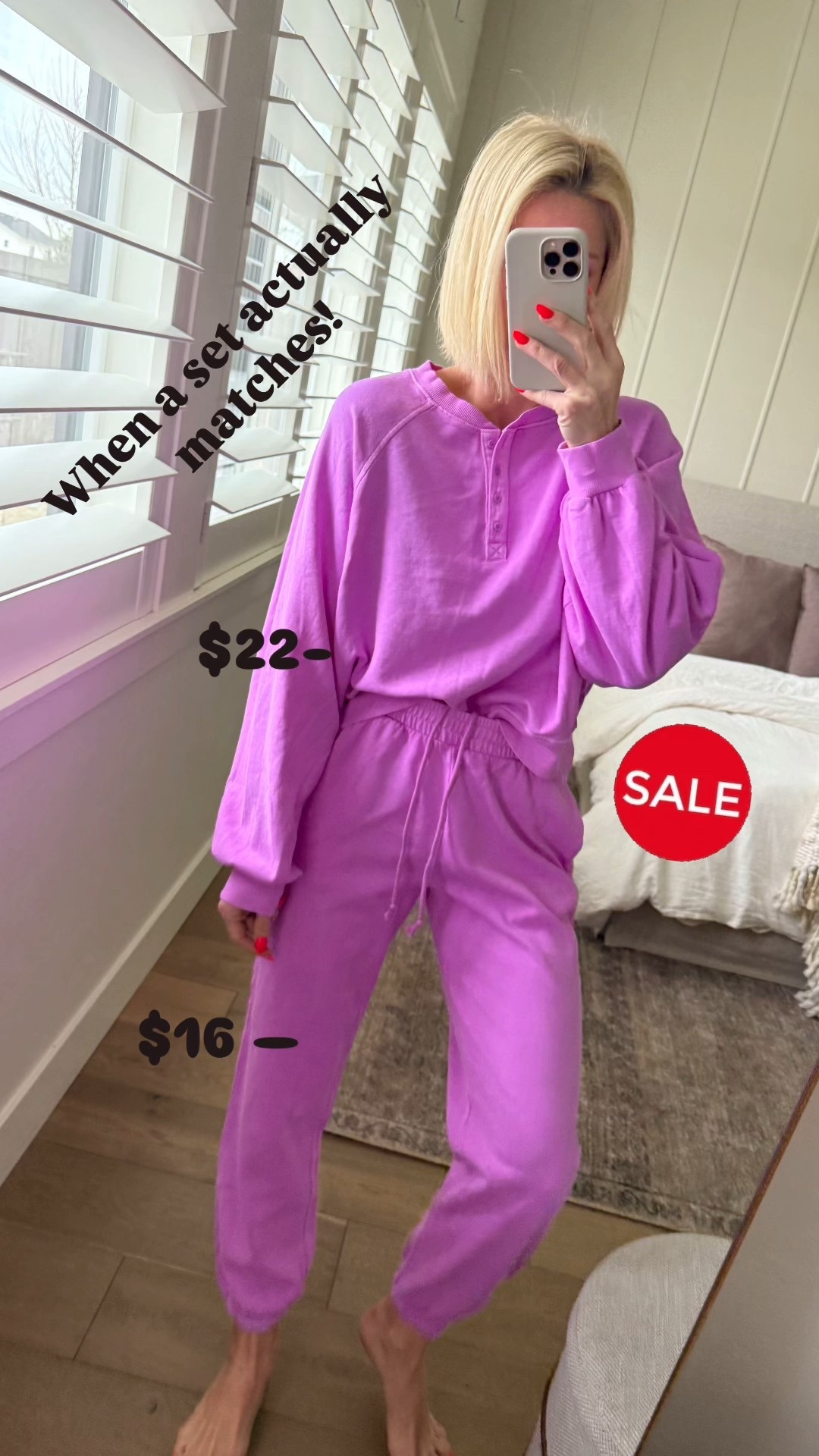 SALE — use code EXTRA at checkout 
It seems like the tops and bottoms rarely match, but this petty bright purple is spot on!
Pullover fits tts, wearing a medium, and if you don’t plan to roll the waistband over on the sweats I would size down. Wearing a small 

#LTKOver40 #LTKmomlife #LTKSaleAlert