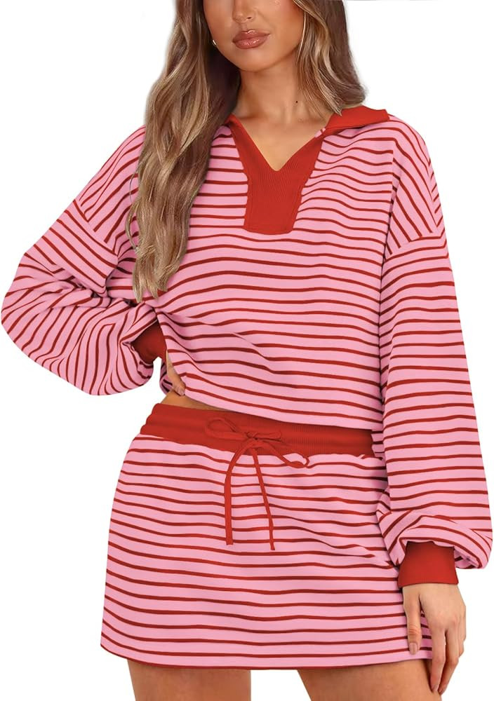 Women's Striped 2 Piece Set for women Sweatshirt Mini Skirt Sets Tennis Workout Tracksuit Matchin... | Amazon (US)