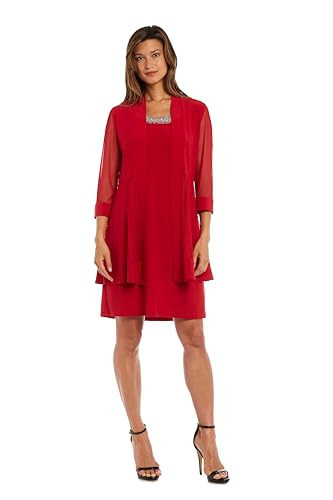 R&M Richards Women's Plus Size Beaded Neck Jacket Dress, Red | Amazon (US)