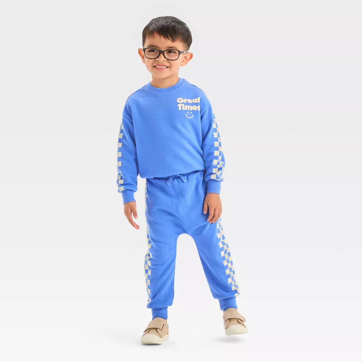 Grayson Mini Toddler Boys' French Terry Checkered Crew Neck Pullover Sweatshirt - Blue | Target