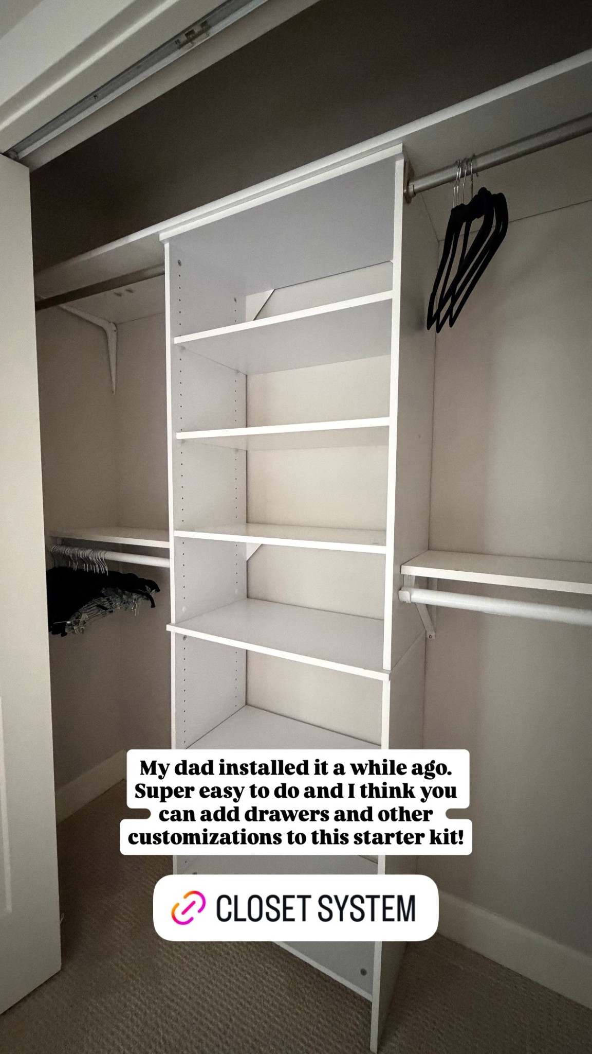 CLOSET SYSTEM! My dad installed it a while ago. Super easy to do and I think you can add drawers and other customizations to this starter kit!

#LTKHome
