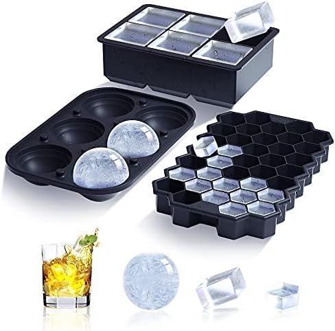 Ice Cube Trays (Set of 3), Silicone Large Round Ice Cube Maker with Lid, Sphere Square Honeycomb ... | Amazon (US)