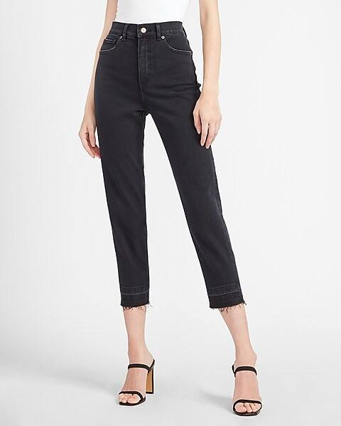 Super High Waisted Black Released Hem Mom Jeans | Express