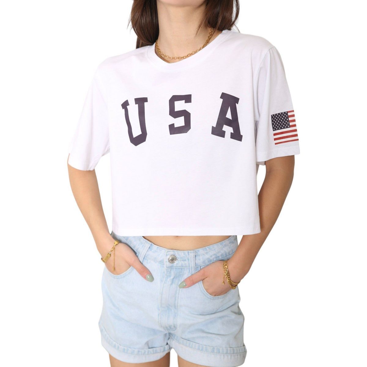 Anna-Kaci Women's Letter Print Crop Top Short Sleeve July 4th USA Flag T-Shirt | Target