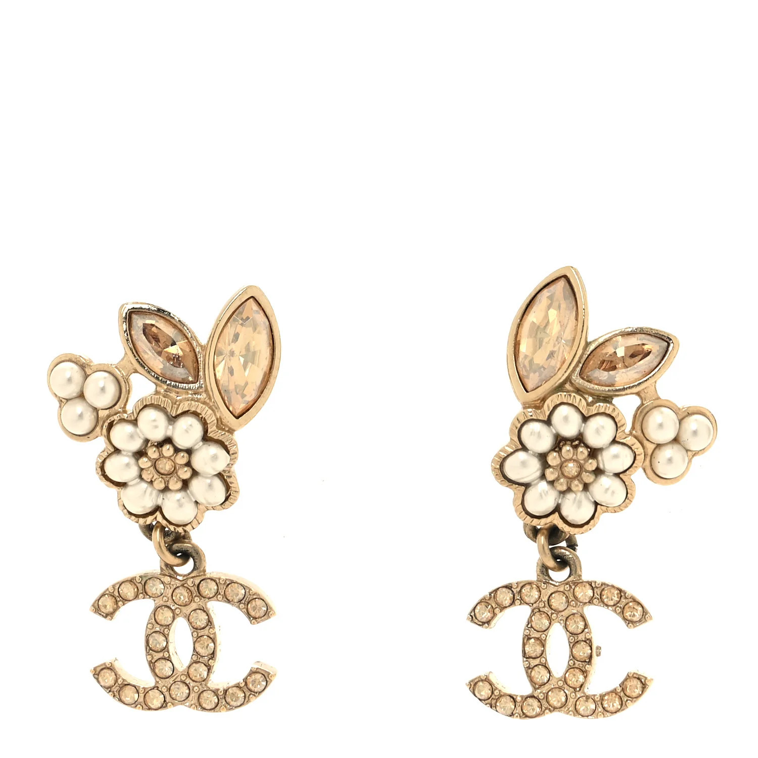 Pearl Crystal CC Flower Drop Earrings Gold Light Brown Pearly White | FASHIONPHILE (US)