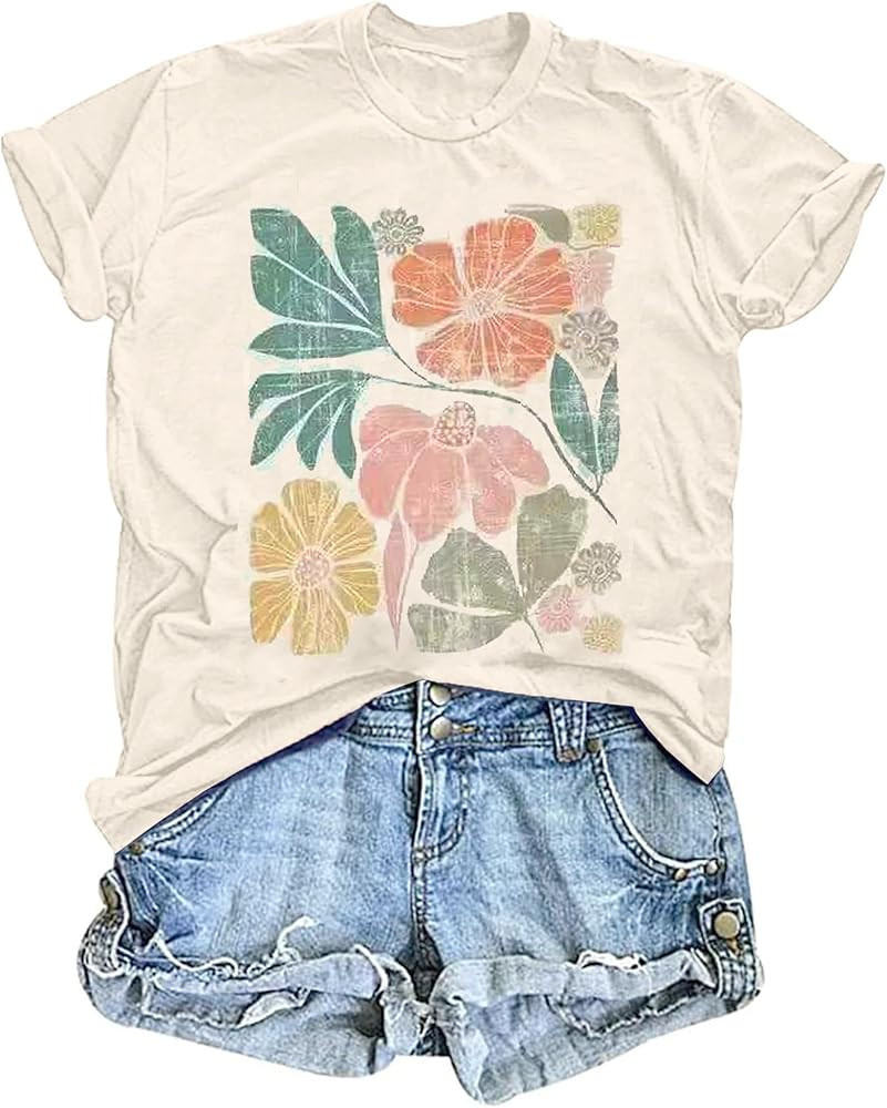 Women's Vintage Floral T Shirt Boho Wildflower Graphic Loose Tees Short Sleeve Casual Tops | Amazon (US)