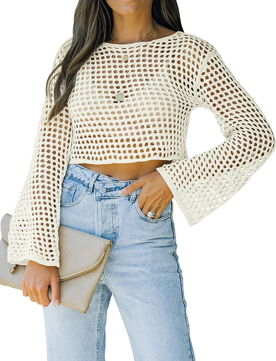 Womens Fishnet Crochet Crop Top Sexy Long Sleeve See Through Hollow Out Mesh Bikini Cover Ups | Amazon (US)