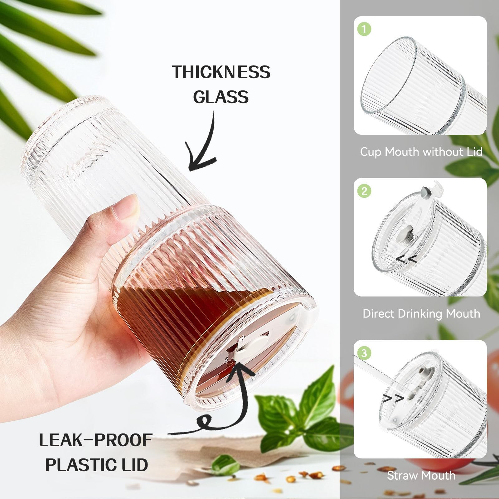 TUZAZO 20 Oz Glass Tumblers with Lids and Straws - 4 Pack Ribbed Glass Iced Coffee Cup with Straw... | Amazon (US)