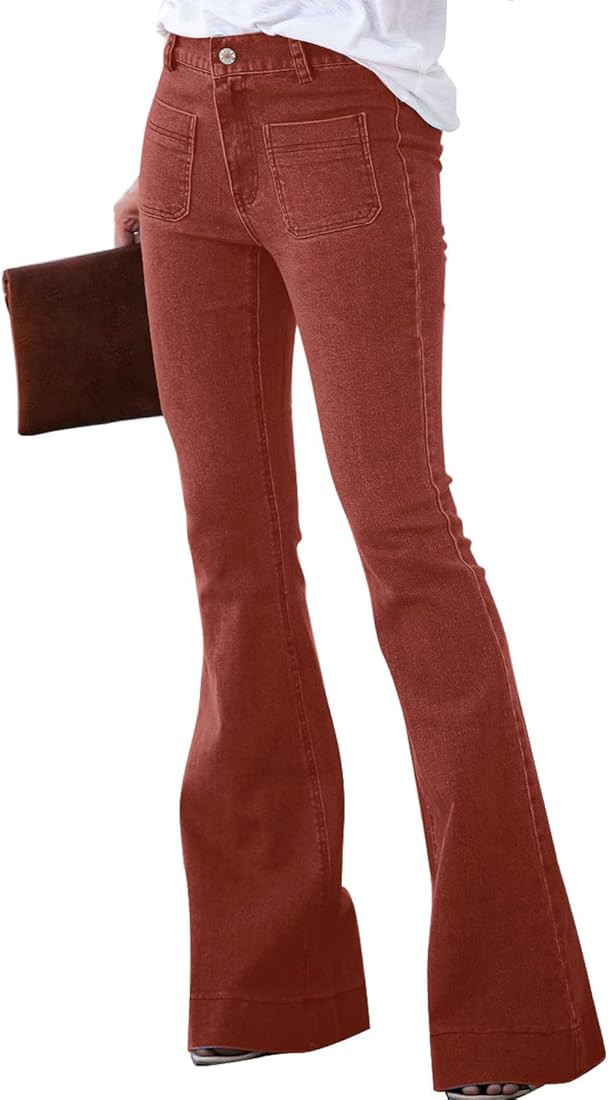 Women's Flared Bell Bottom Elastic Waist Skinny Straight Fit Raw Hem Denim Jeans | Amazon (US)