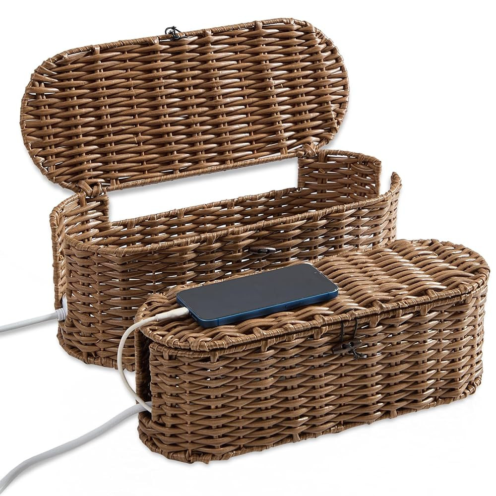 FairyHaus Cable Management Box 2Pack Brown, Handwoven Large and Small Cable Organizer Box Cover t... | Amazon (US)