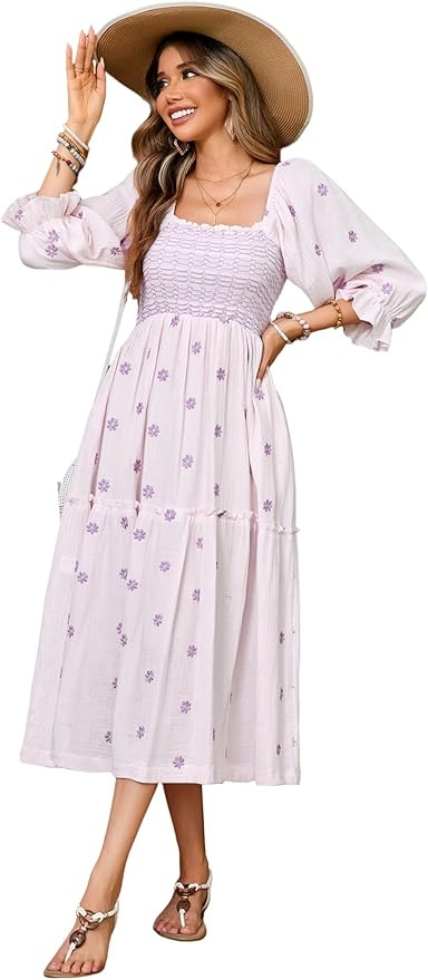R.Vivimos Women's Long Sleeve Cotton Boho Midi Dress Vintage Square Neck Floral Embroidered Tiere... | Amazon (US)