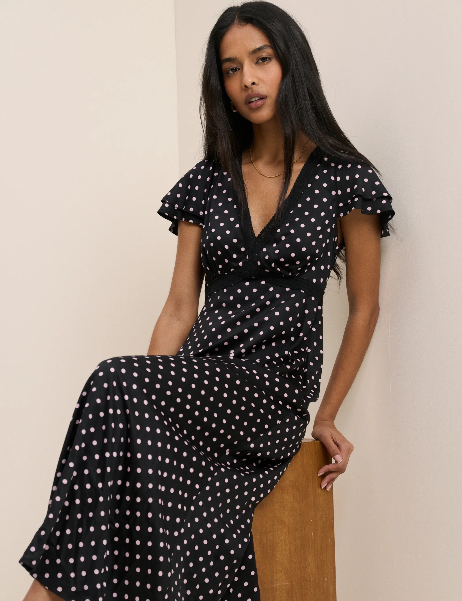 Black Polka Dot Lace Trim Iris Midi Dress | Nobody's Child