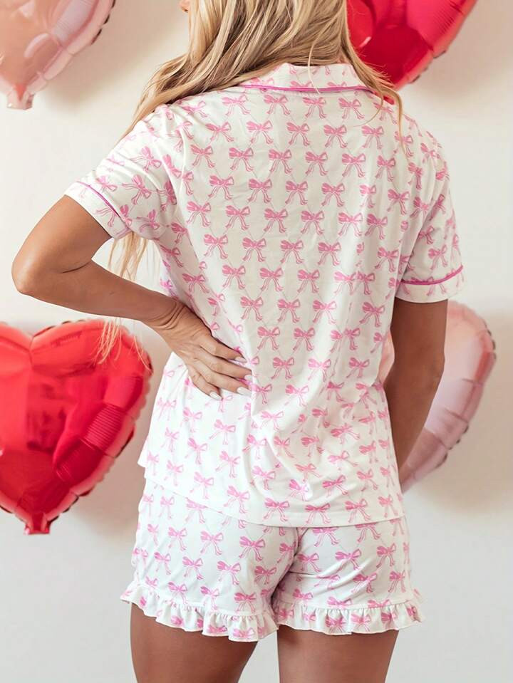 2pcs Pink Bow Print Ruffle Short Sleeve Shorts Pajamas Set For Women | SHEIN