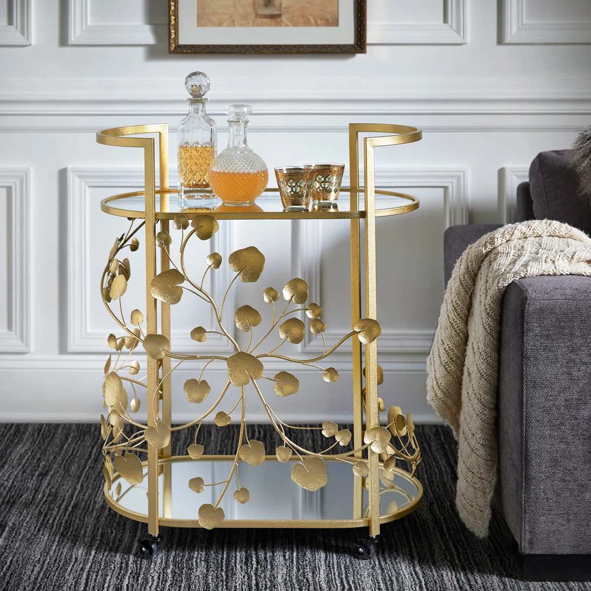 Larkynn Gold Finish Foliage Bar Cart With Mirror Top And Bottom | Wayfair North America