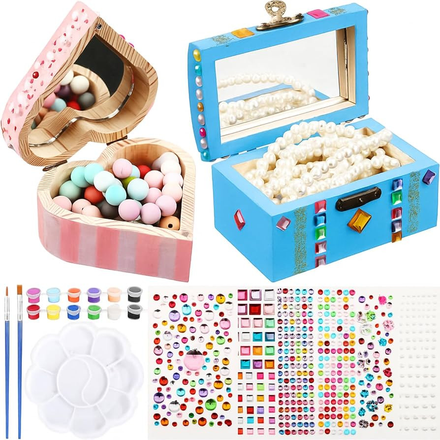 Kigley 2 Pack Paint Your Own Wooden Jewelry Box DIY Crafts Kits Heart Treasure Box Kit Unfinished... | Amazon (US)