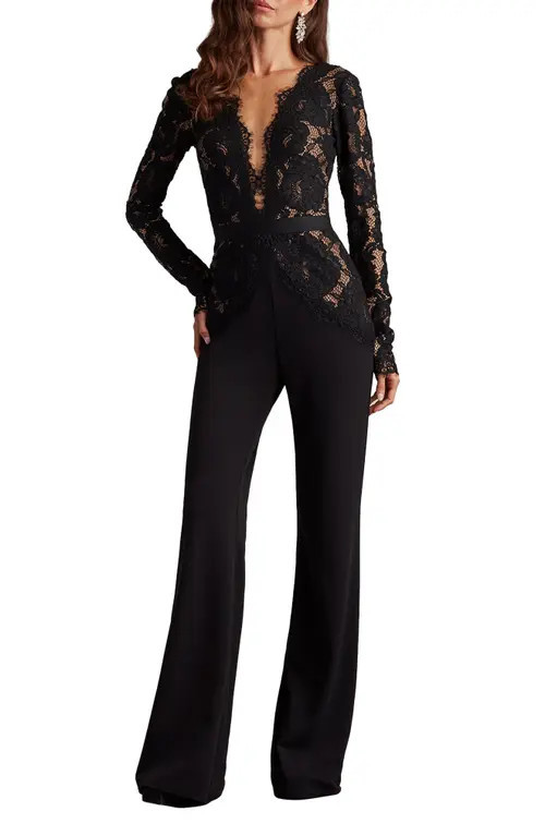 Tadashi Shoji Mixed Media Plunge Neck Long Sleeve Cotton Blend Jumpsuit in Black/Beige at Nordstrom, Size 8 | Nordstrom