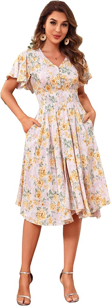 Woman's Floral V Neck Button Elastic Waist Dress with Pockets | Amazon (US)
