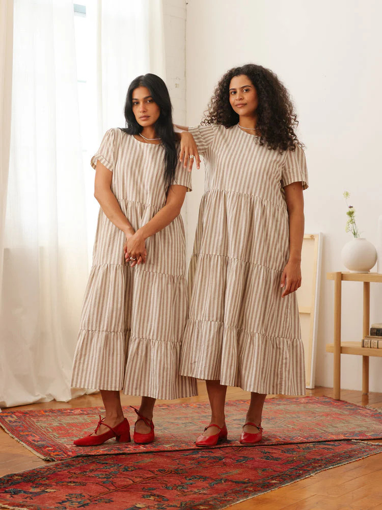 Chalet Tiered Dress Linen Mocha Stripe | Tradlands