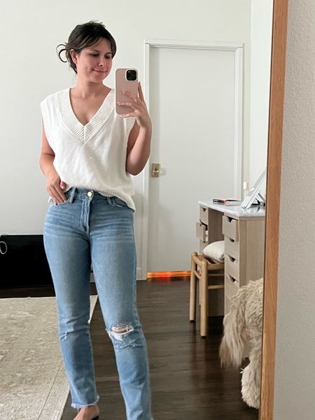 Warm weather fall outfit, white sweater vest, frame jeans. Neutral outfit, work from home casual 