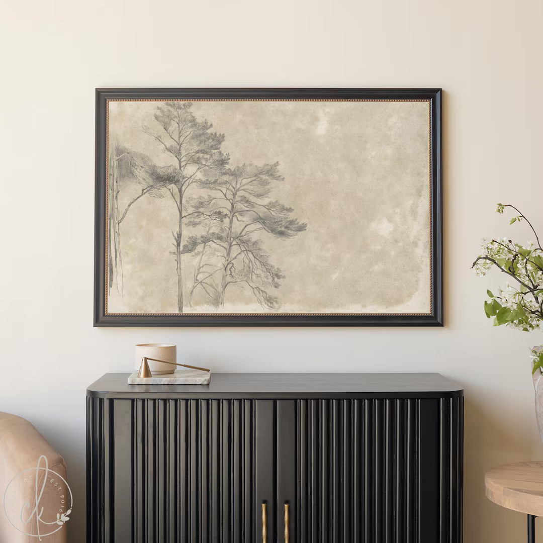 Large Tree Painting | Gold Frame Wall Art | Vintage Landscape Drawing | Neutral Canvas Painting |... | Etsy (US)