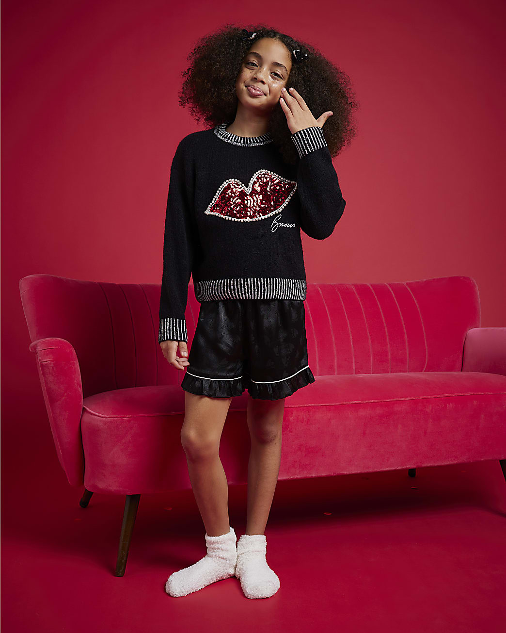 Nephthys Girls Black Sequin Lips Jumper | River Island UK & IE