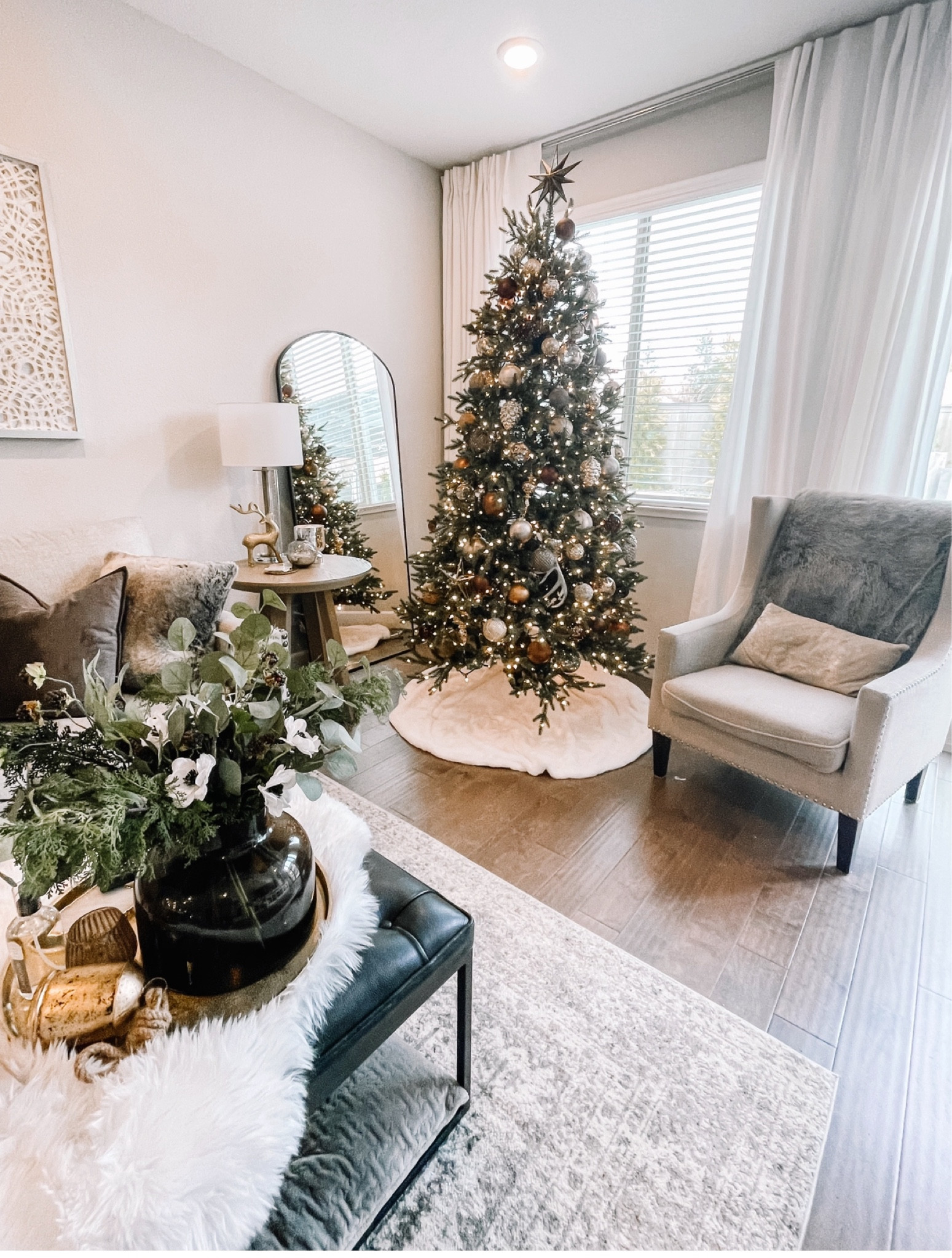 Neutral Christmas | Holiday decor | seasonal home decor in browns, golds, taupes, whites. Christmas tree, faux fur, Mercury glass ornaments, brown glass ornaments, velvet ornaments, gold tree star, pottery barn decor, mcgee and co holiday 

#LTKHolidaySale #LTKSeasonal #LTKHoliday