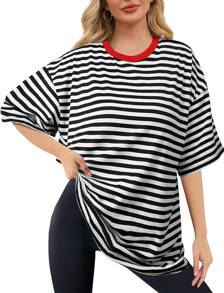 Buauty Womens Oversized T Shirts, Striped Color Block Tee Loose Fit Crew Neck Short Sleeve Tops C... | Amazon (US)
