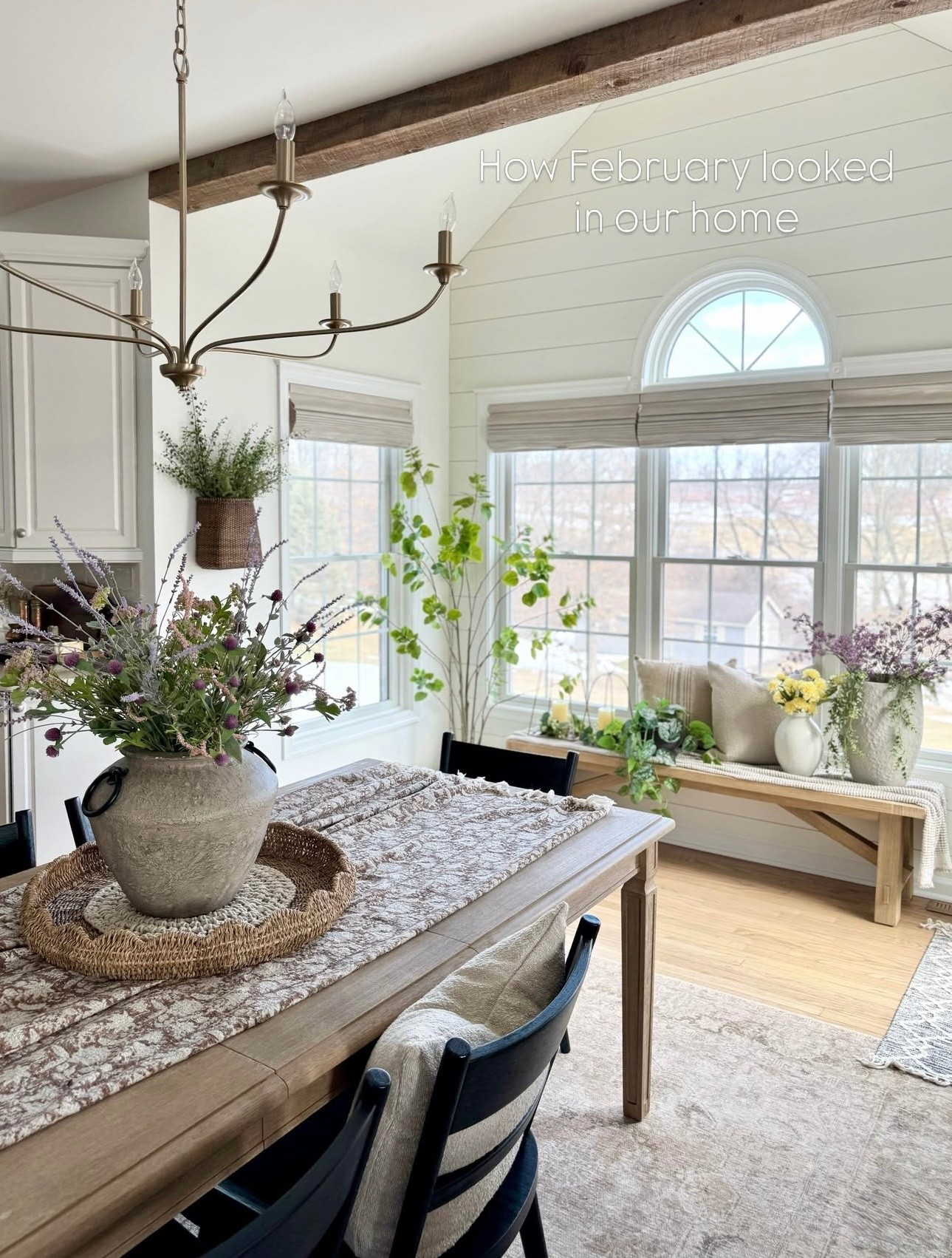 New brushed brass 6 arm chandelier. Floral throw used for runner. Large rattan wall basket  Neutral area rug. Solid wood bench. Whimsical tree. Faux florals. Pillow covers. Solid wood dining table and chairs. 

#LTKHome #LTKSeasonal