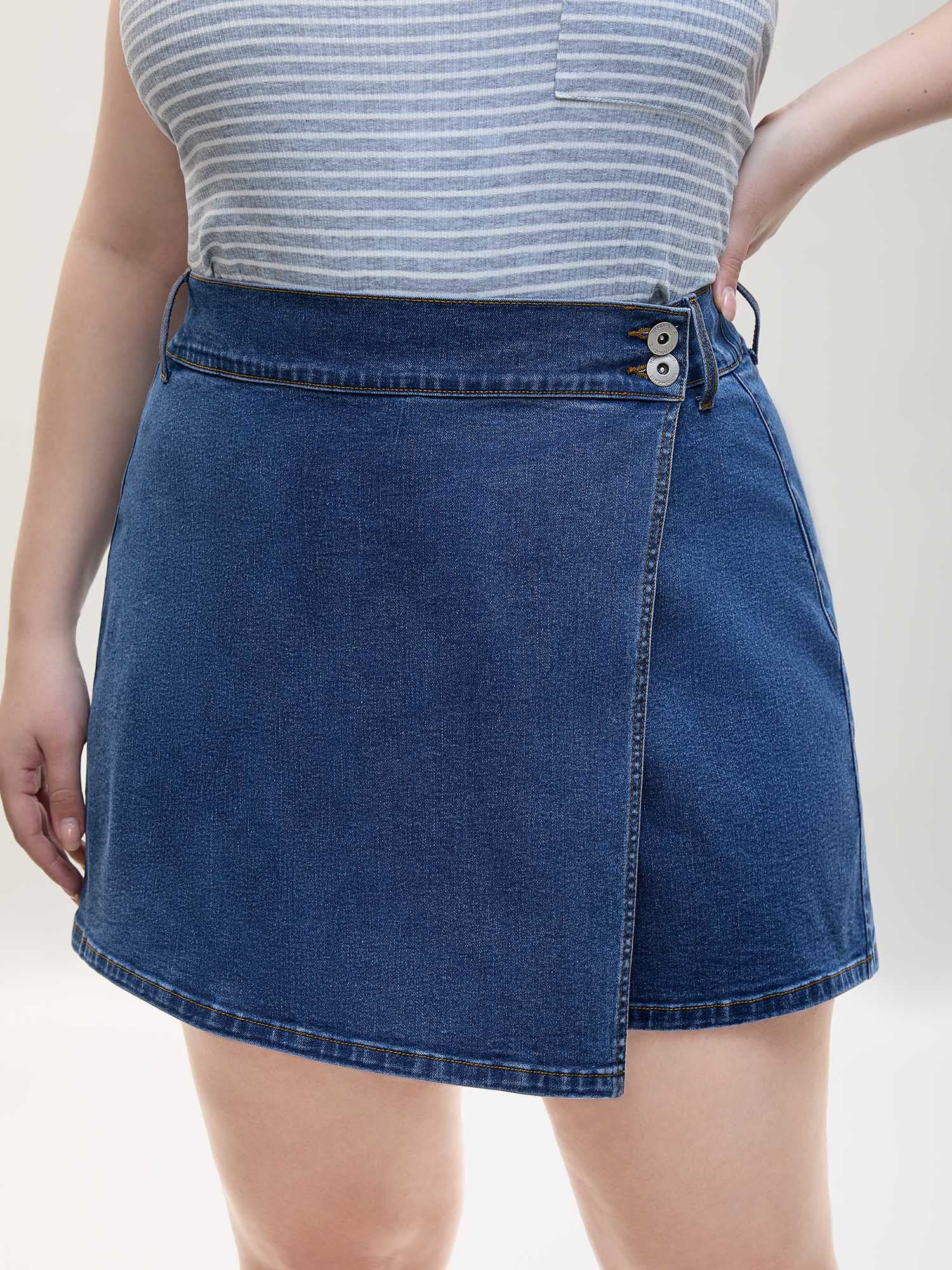 Wrap Front Button Detail Denim Skort | Bloomchic