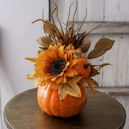 COM1950s Large Fall Pumpkin Decor,Thanksgiving Harvest Home Ornament,Foam Autumn Centerpiece with Sunflower and Maple Leaf for Table Desk Decor,10 Inches Tall | Walmart (US)