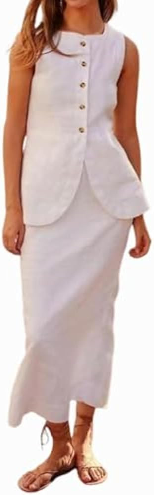 Two Piece Sets for Women Summer Old Money Long Vest Set Boho Maxi Skirt Set Linen Set 2 Piece Set... | Amazon (US)