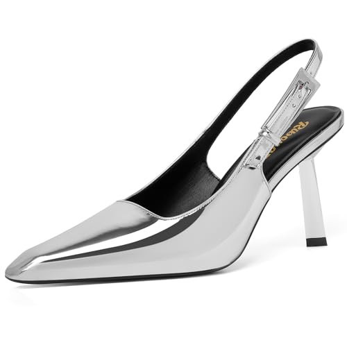 RIBONGZ Sliver Heels Slingback for Women Closed Pointed Toe Stiletto High Heels Dress Sexy Pumps Heeled Wedding Bride Prom Party Evening Dressy Shoes 11 | Amazon (US)